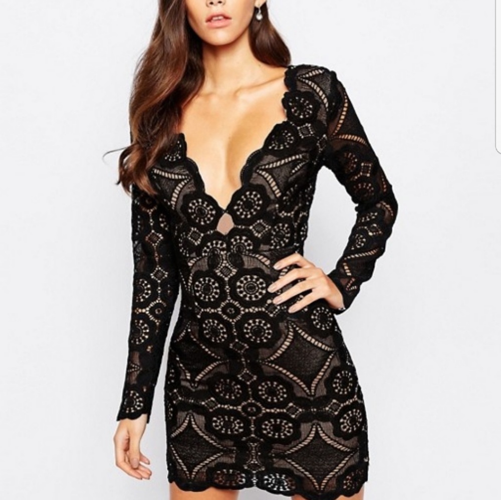 Love Triangle plunging lace mini dress