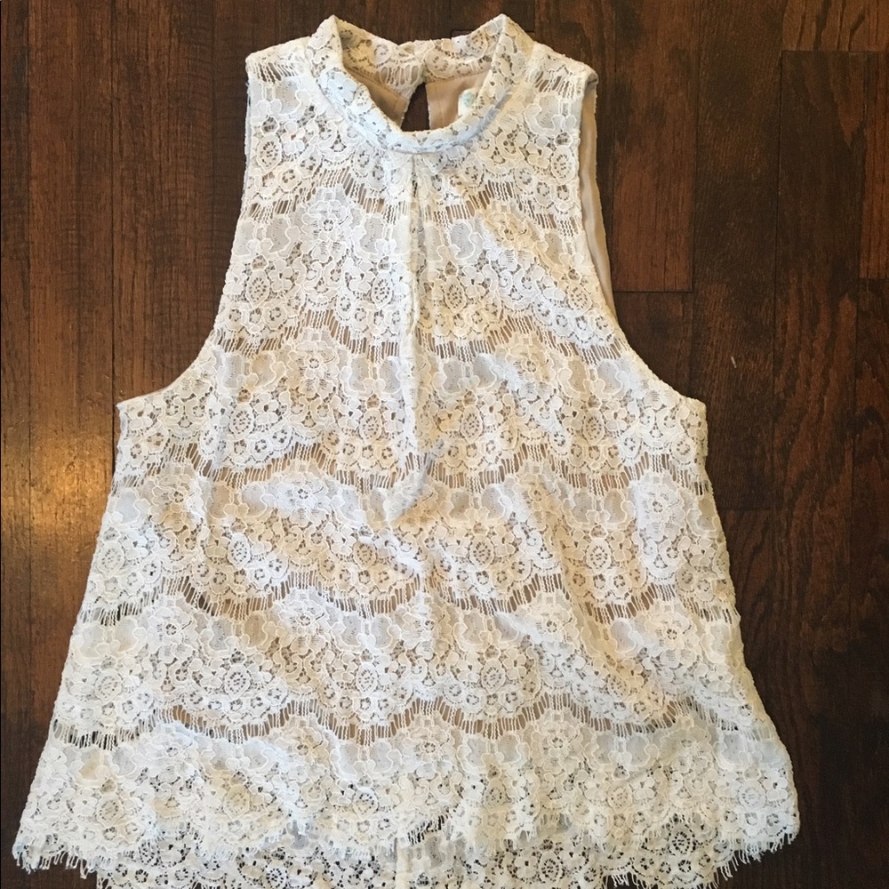 Mock neck white lace top