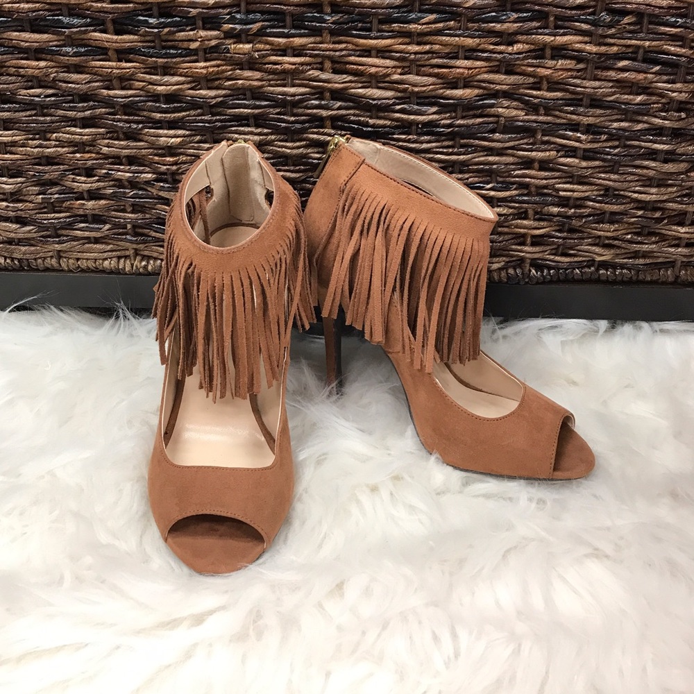 Qupid Fringe Peep Toe Heels