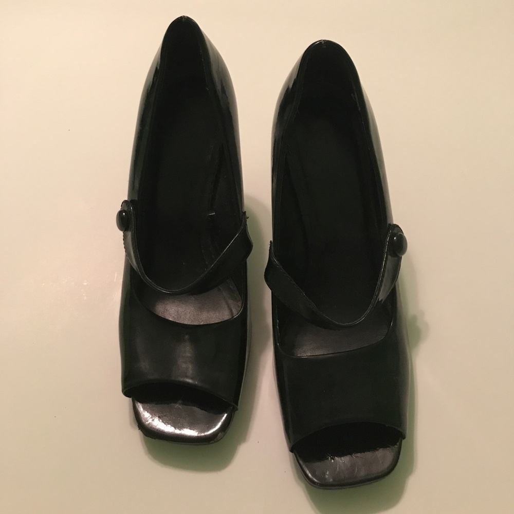 Black glossy strap heels