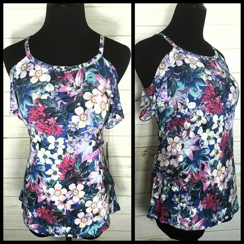 GUESS Cut Out Cold Shoulder Floral Studded Top