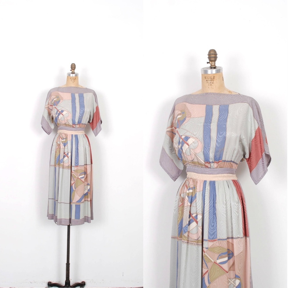 Vintage 80s Dress Abstract Floral Silk Gray Pink S