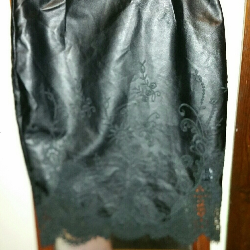 Black vegan leather knee length skirt
