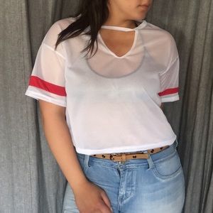 Mesh crop top white tee red stripes