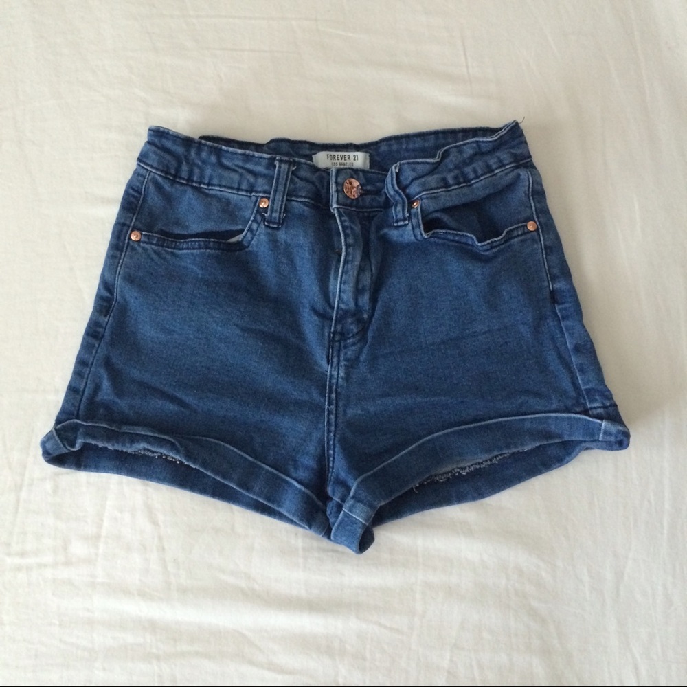 High waisted blue denim shorts
