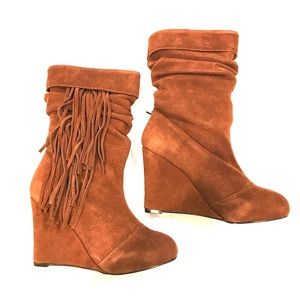 Kelsi Dagger Suede Fringe Wedge Boots