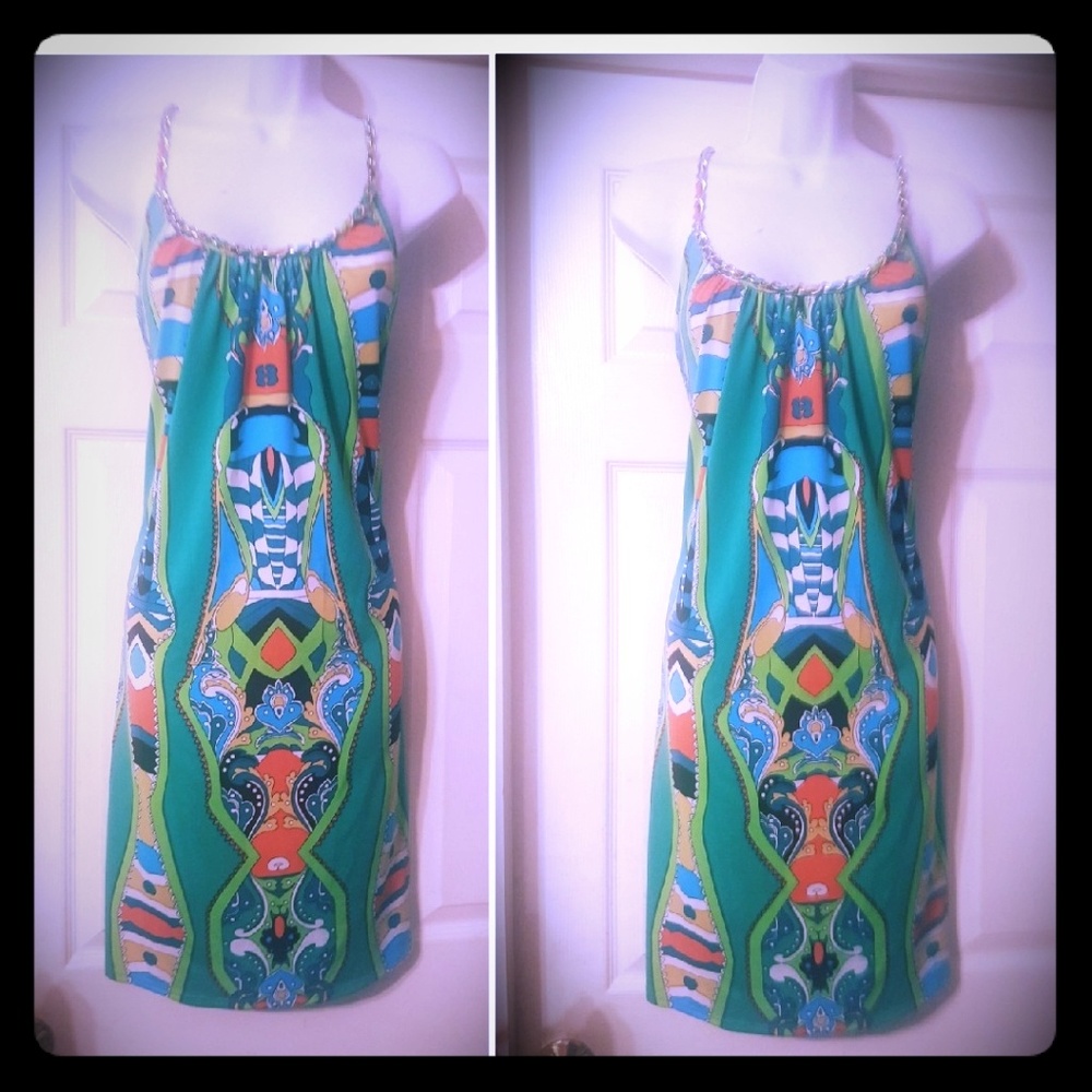 Green & white aztec print jersey knit sheath dress