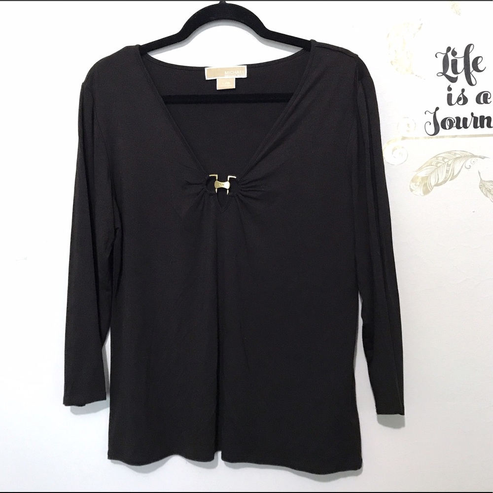 Michael Kors Logo Buckle Brown 3/4 Sleeve Shirt