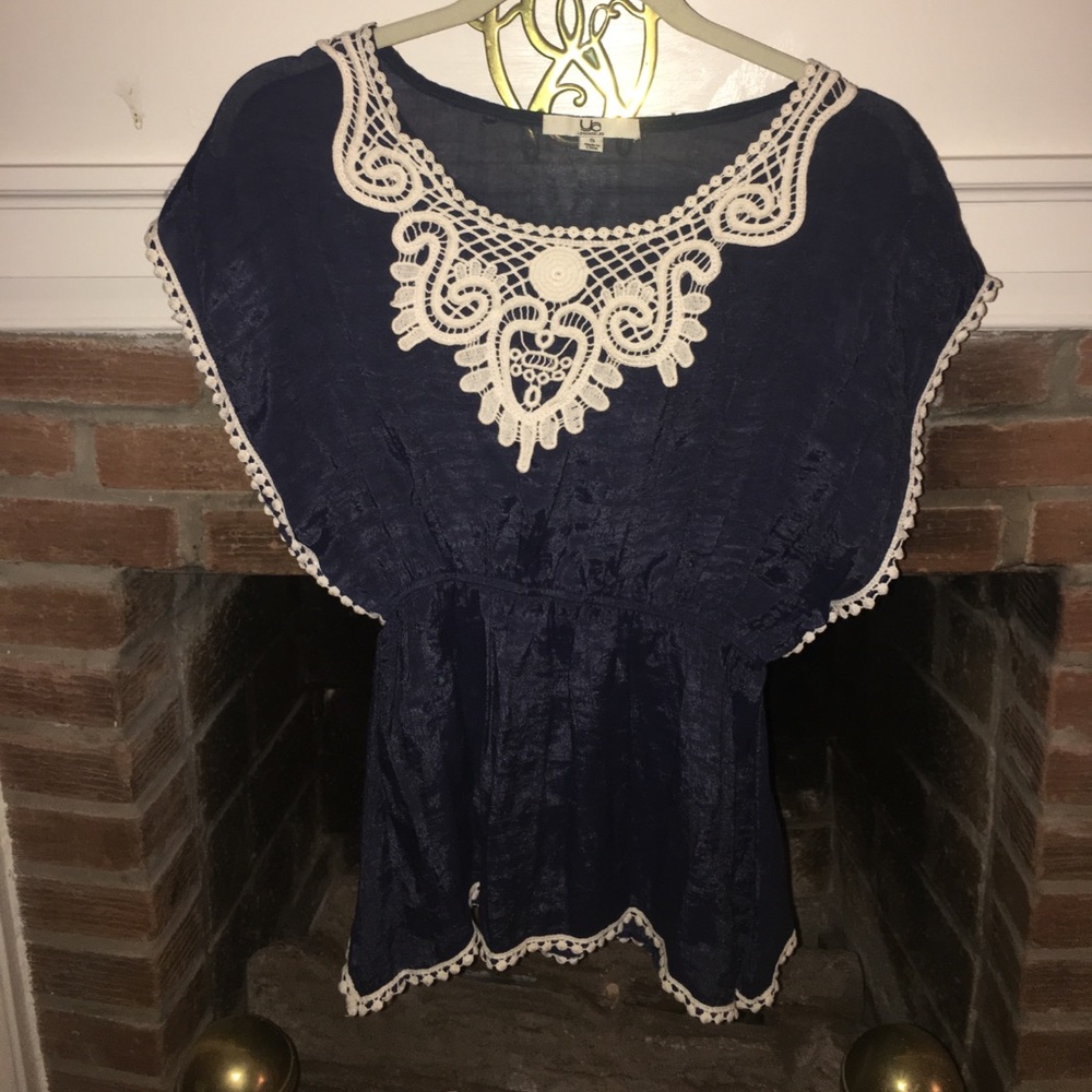 Navy dolman top with crocheted lace neck