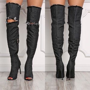distressed black denim thigh high boots