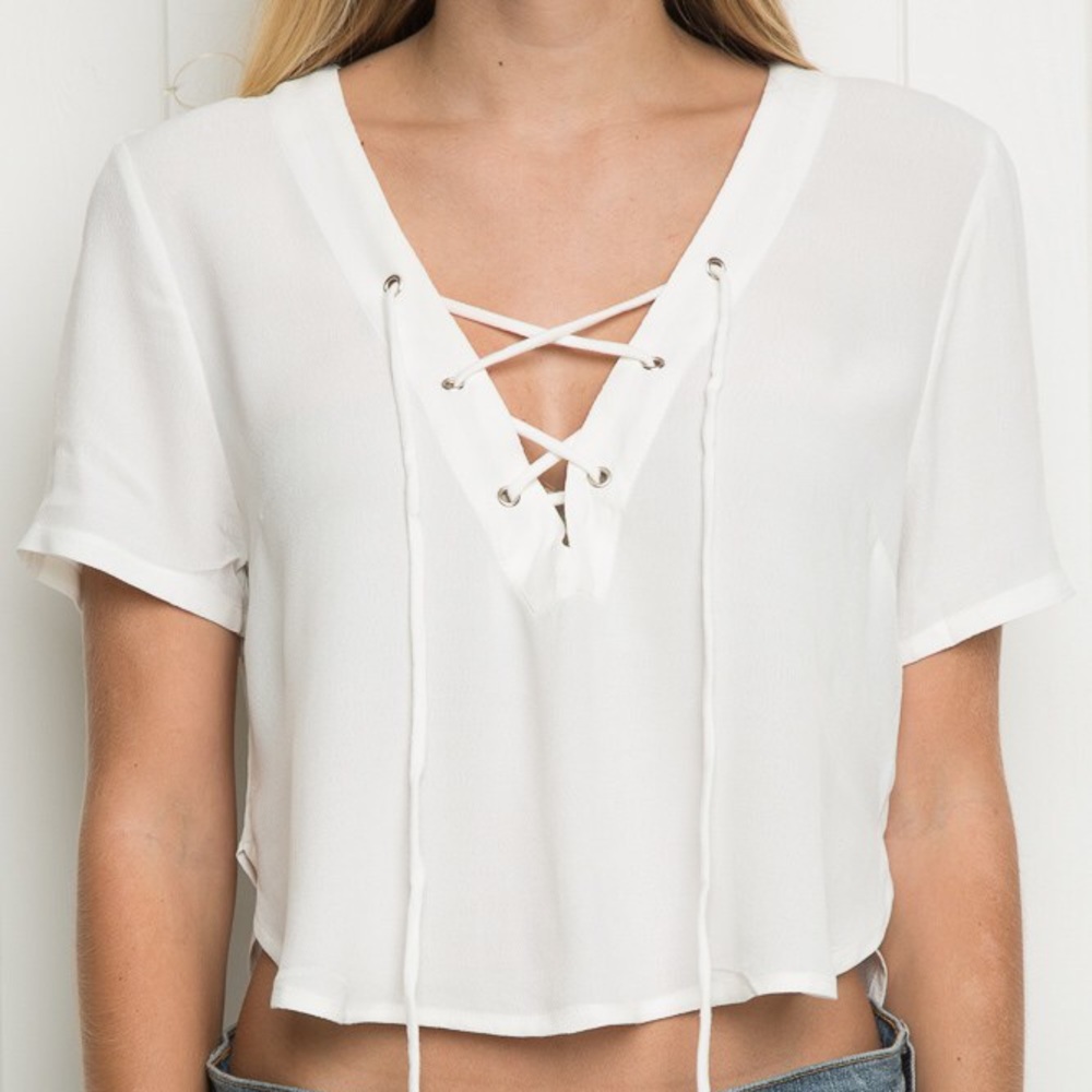 Brandy Melville white lace up tee