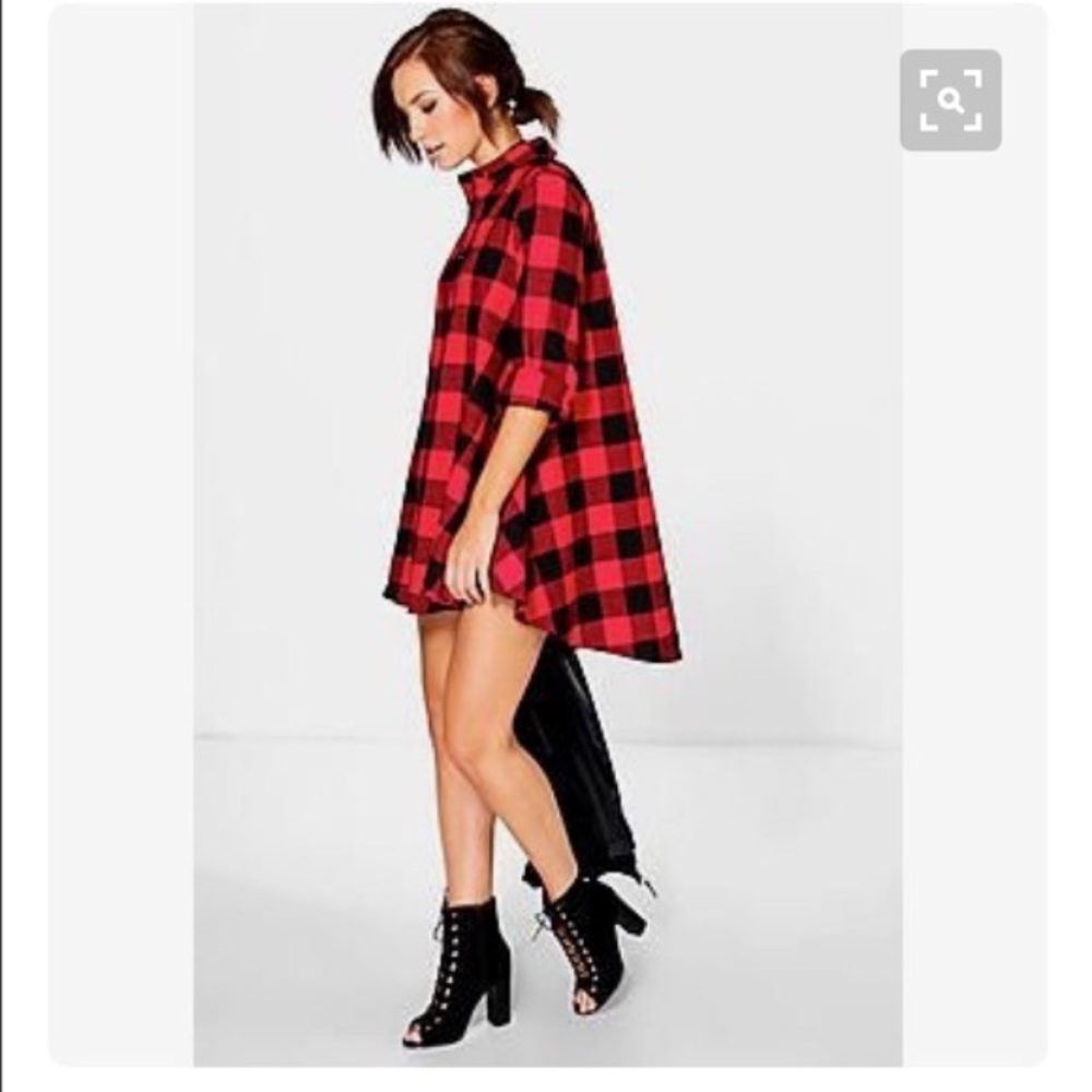 Plaid collar black red button up dress shirt