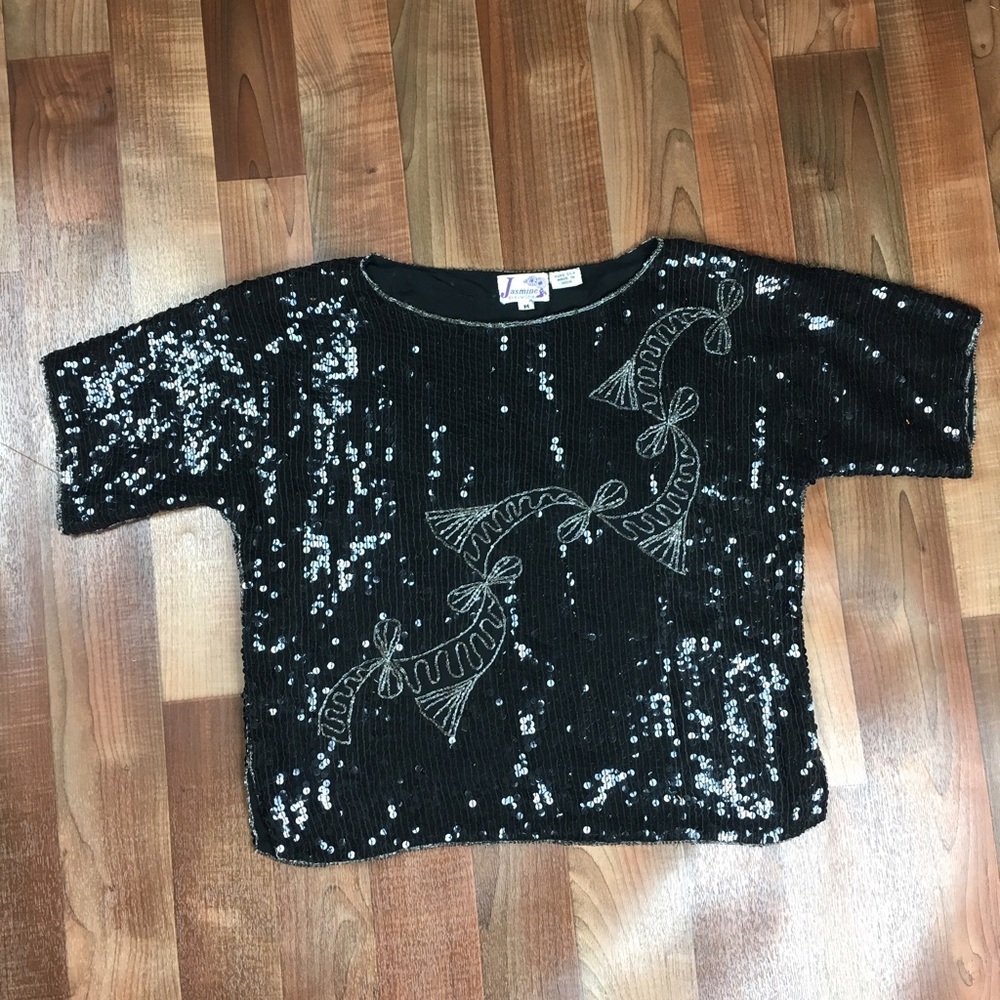 80s vintage black silk top heavily sequined beaded