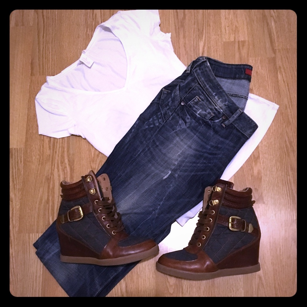 ✨Beautiful✨Wedge sneakers (Leather & denim mix)