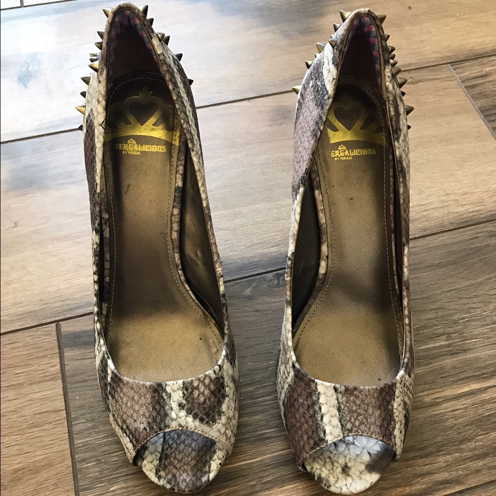 Fergalicious snake print peep toe studded heels