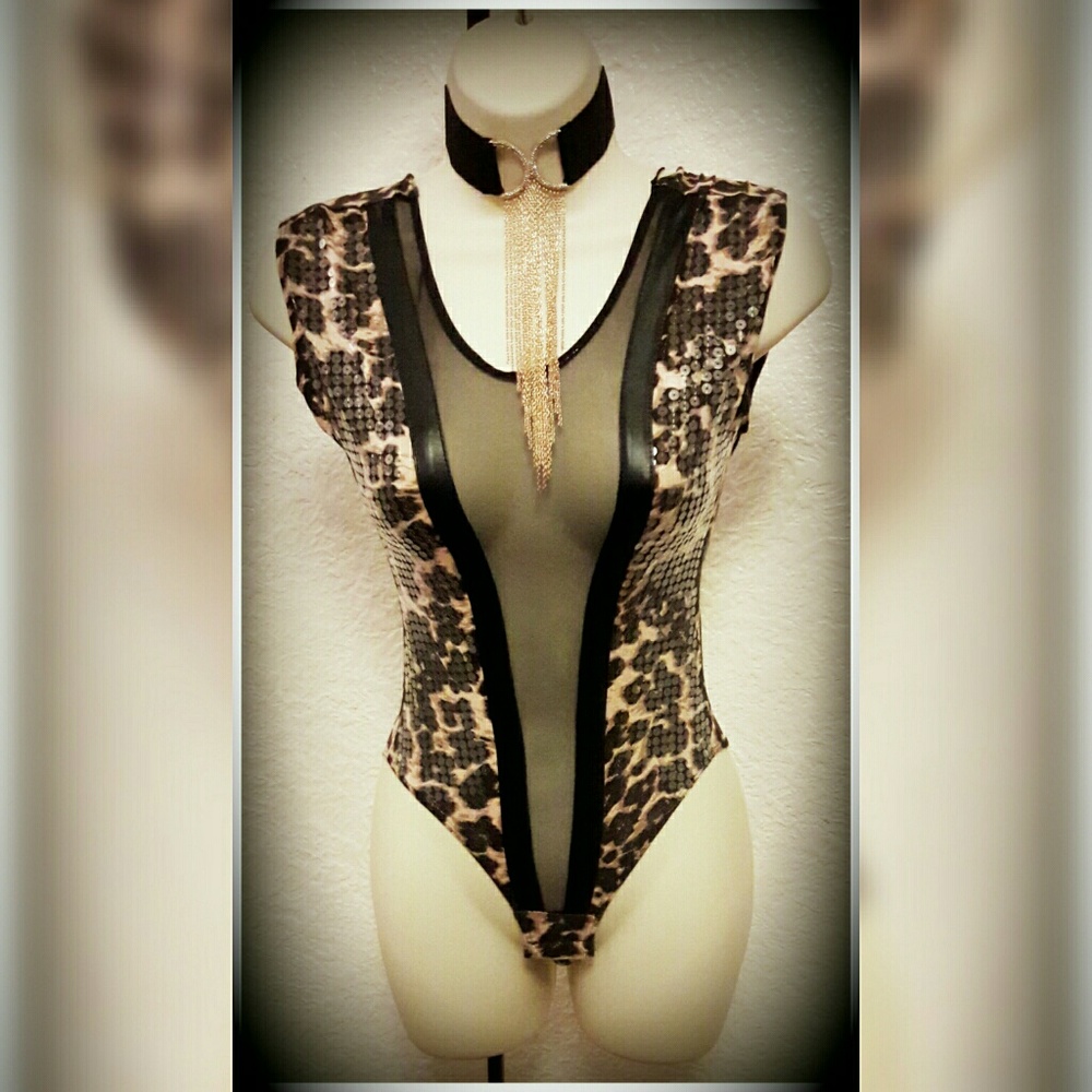 Leopard Cheetah  Mesh Bodysuit with Clear Sequin