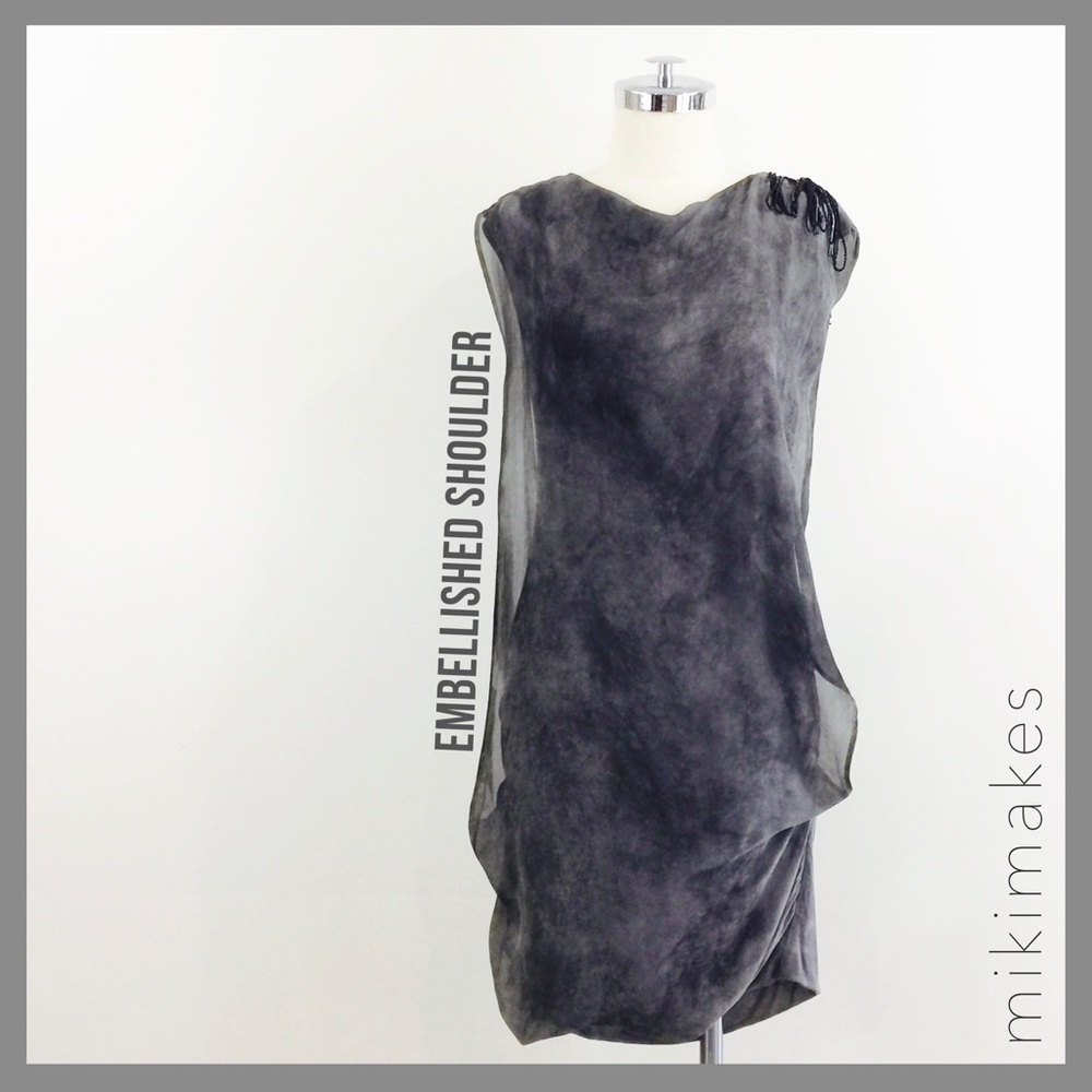 [ space ]  grey silk draped beaded shoulder dress