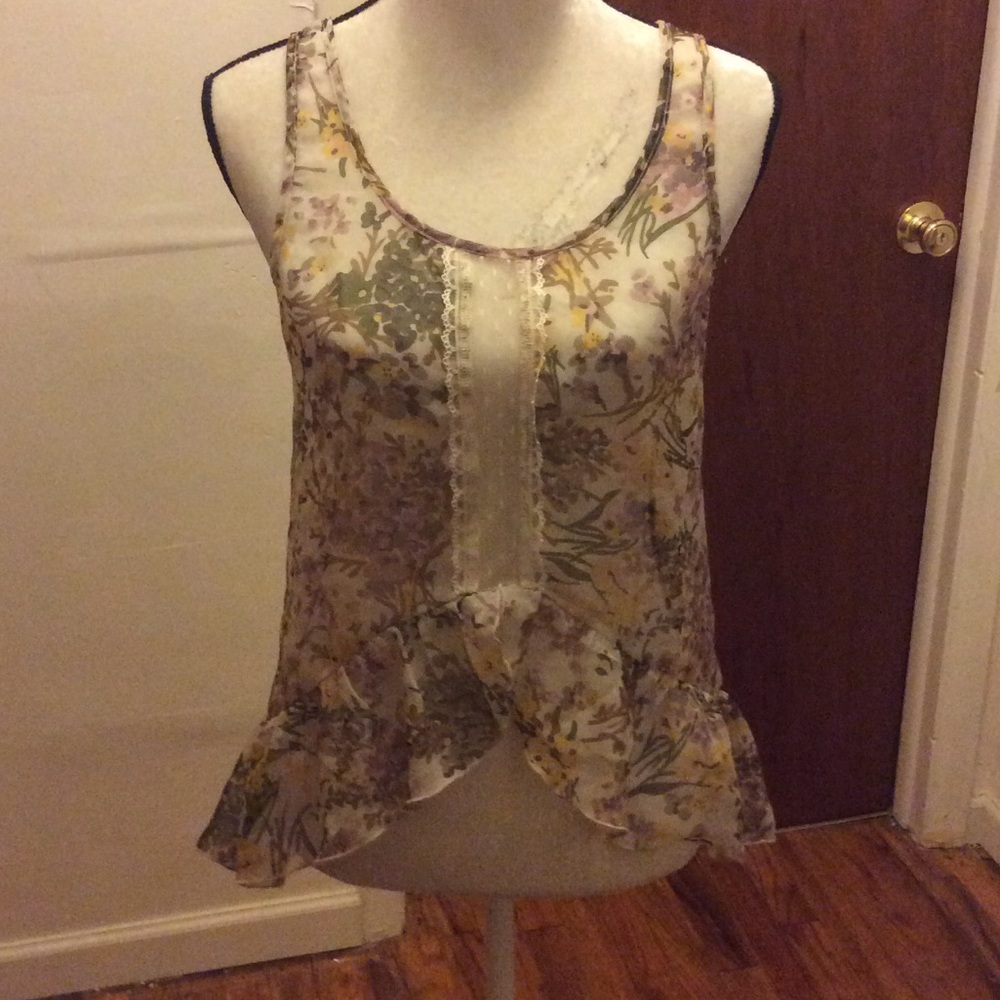 Sheer top with yellow and purple flowers