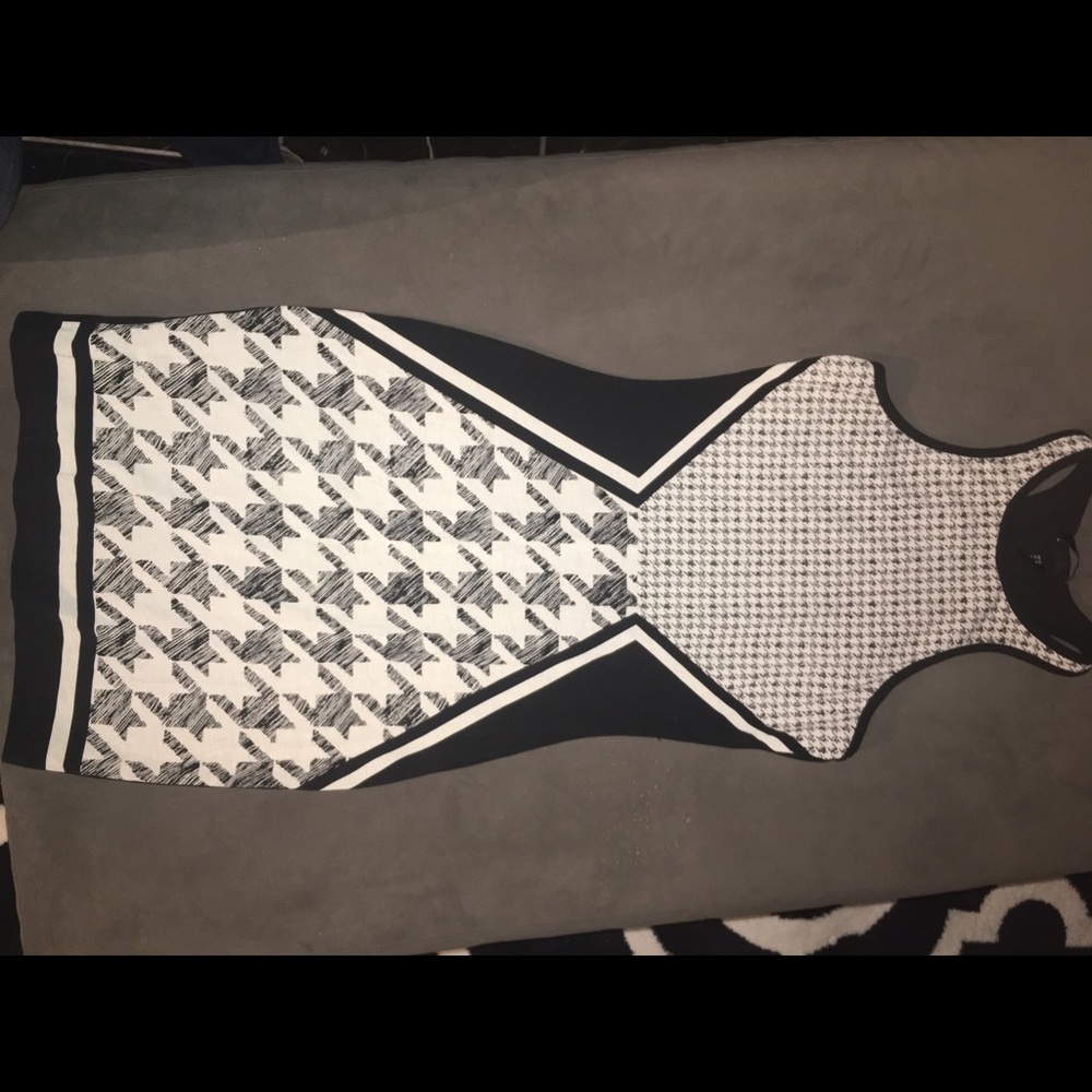 Patterned black and white dress.