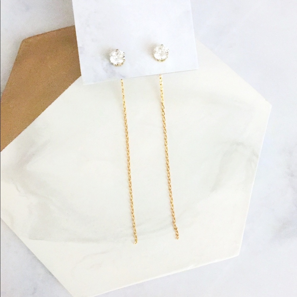 gold chain CZ solitaire front back earrings