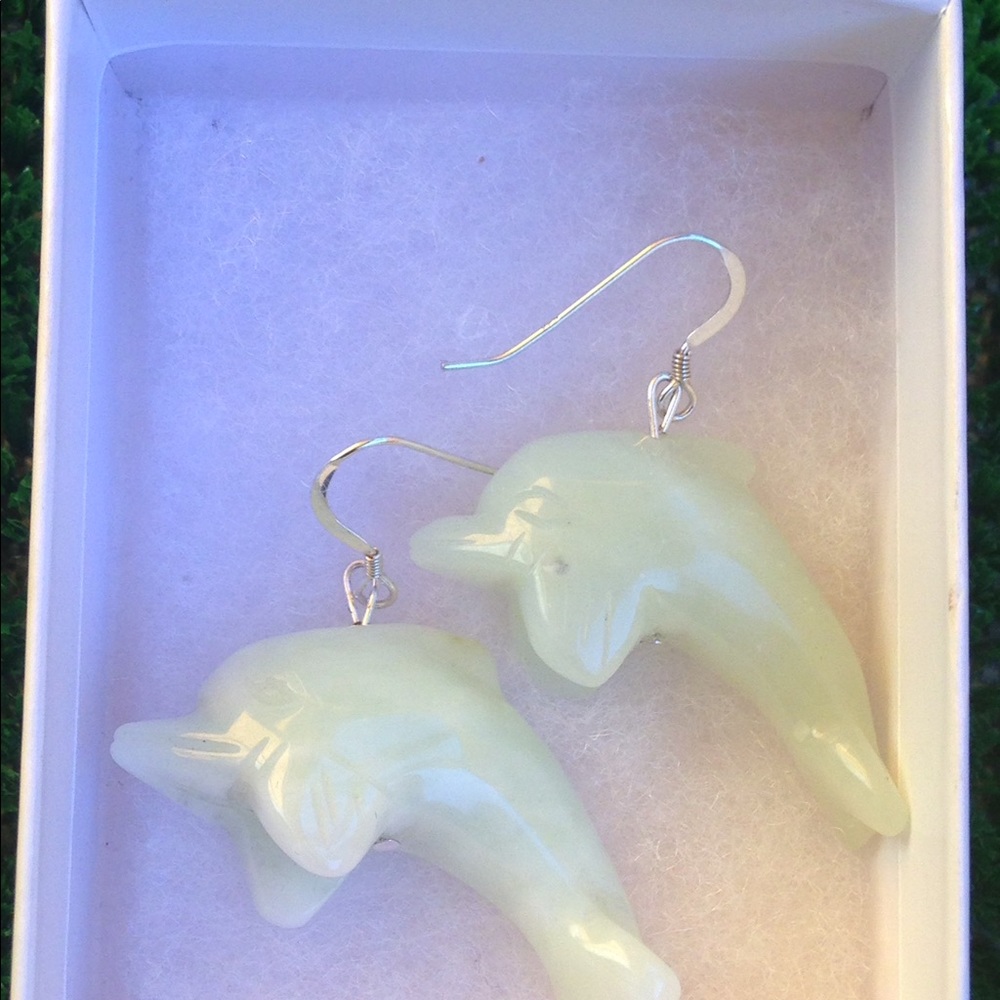 Sterling Silver And Jade Dolphin Earrings.