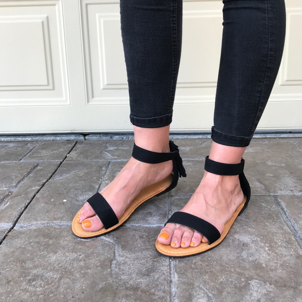 Black Tassel Ankle Cuff Sandal - Picture 2 of 6