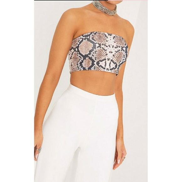 Tan Snake Print Bandeau Crop Top - Picture 3 of 5