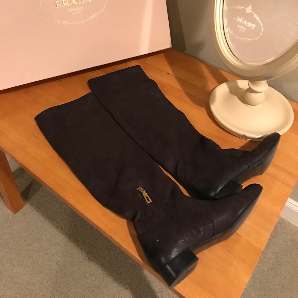 Prada Distressed Brown Leather Over the Knee Boots