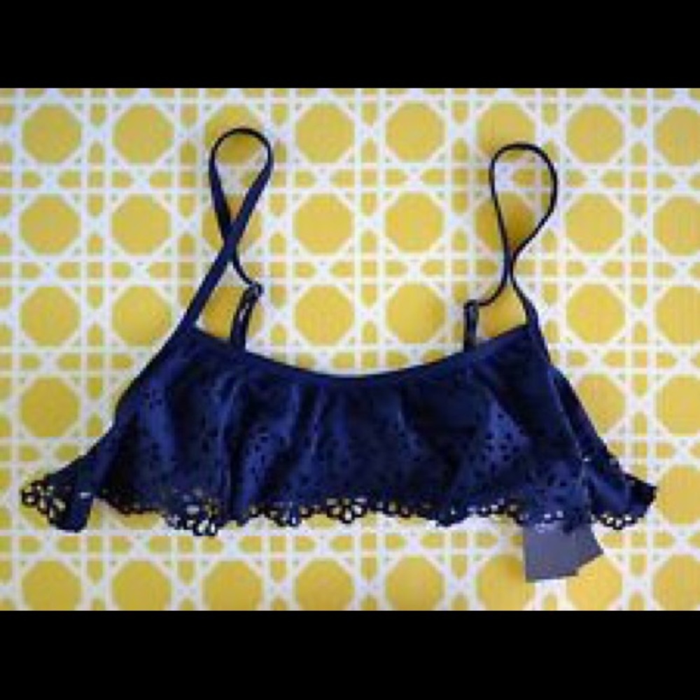 Laser-Cut Navy Ruffle Bikini Top