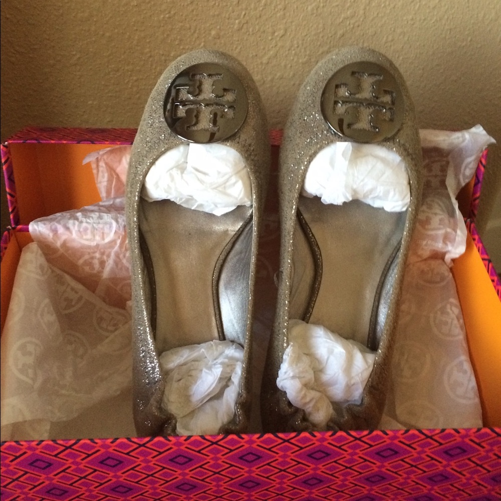 Tory Burch SILVER Glitter Reva Flat