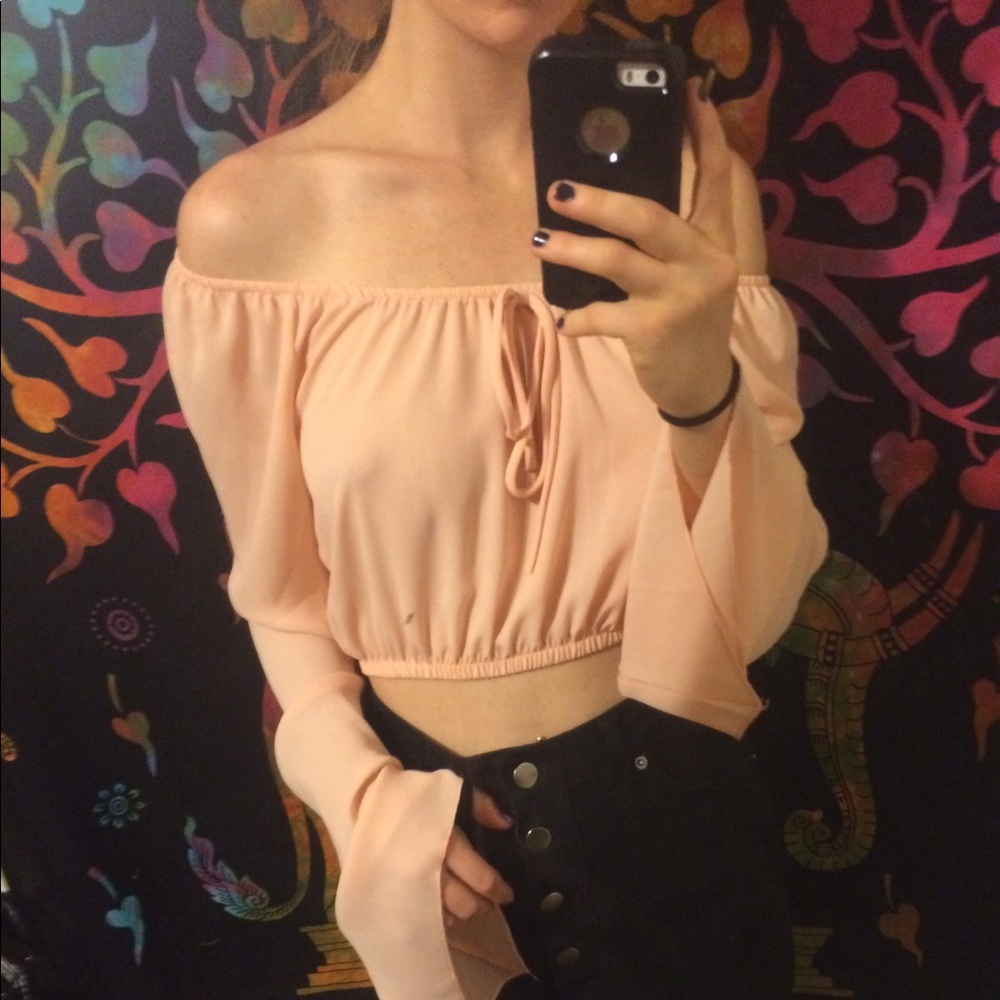 Sheer pink TOBI off the shoulder crop top