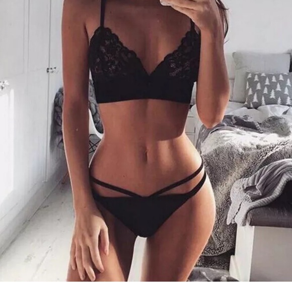 New! Ava • Black Lace Bralette + Strappy Panty Set - Picture 2 of 3
