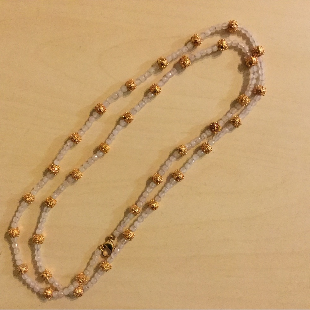 18K Gold Embraced Rose Quartz Bead Necklace 36"