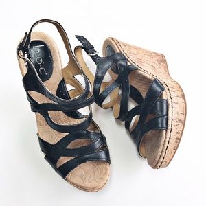 b.o.c. Black Leather Open toe Wedge Sandals