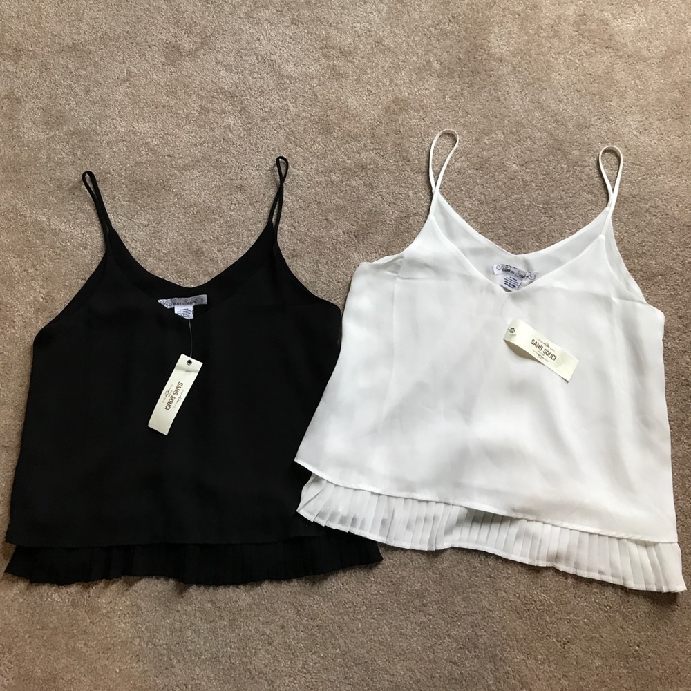 Black and white camisoles with pleated detail hem