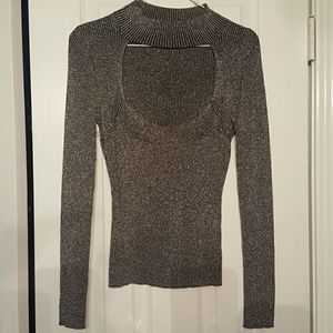 Keyhole silver metallic fitted knit top