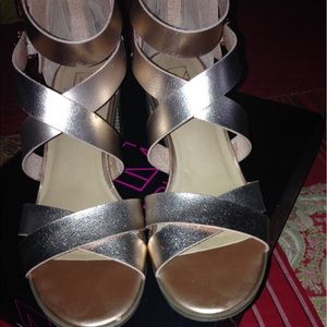 Rose gold, gladiator, block heel sandal