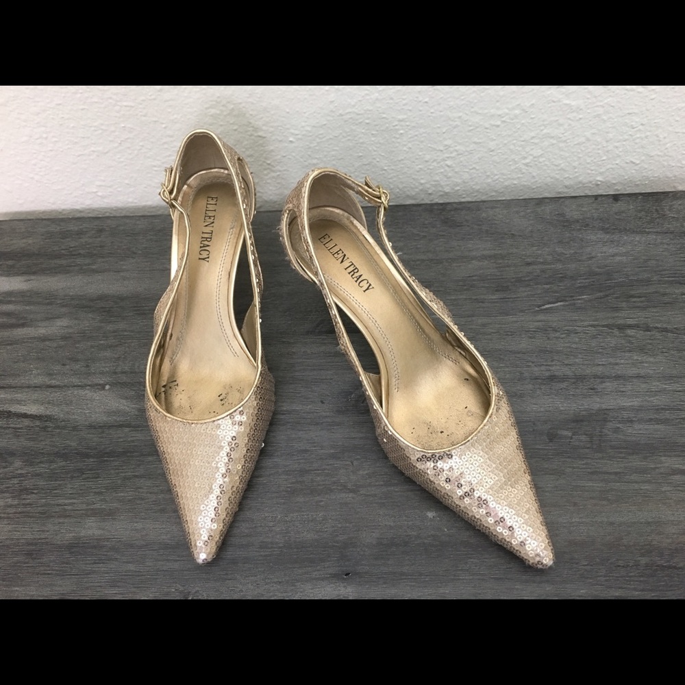 Gold Sequined Kitten Heel Pumps