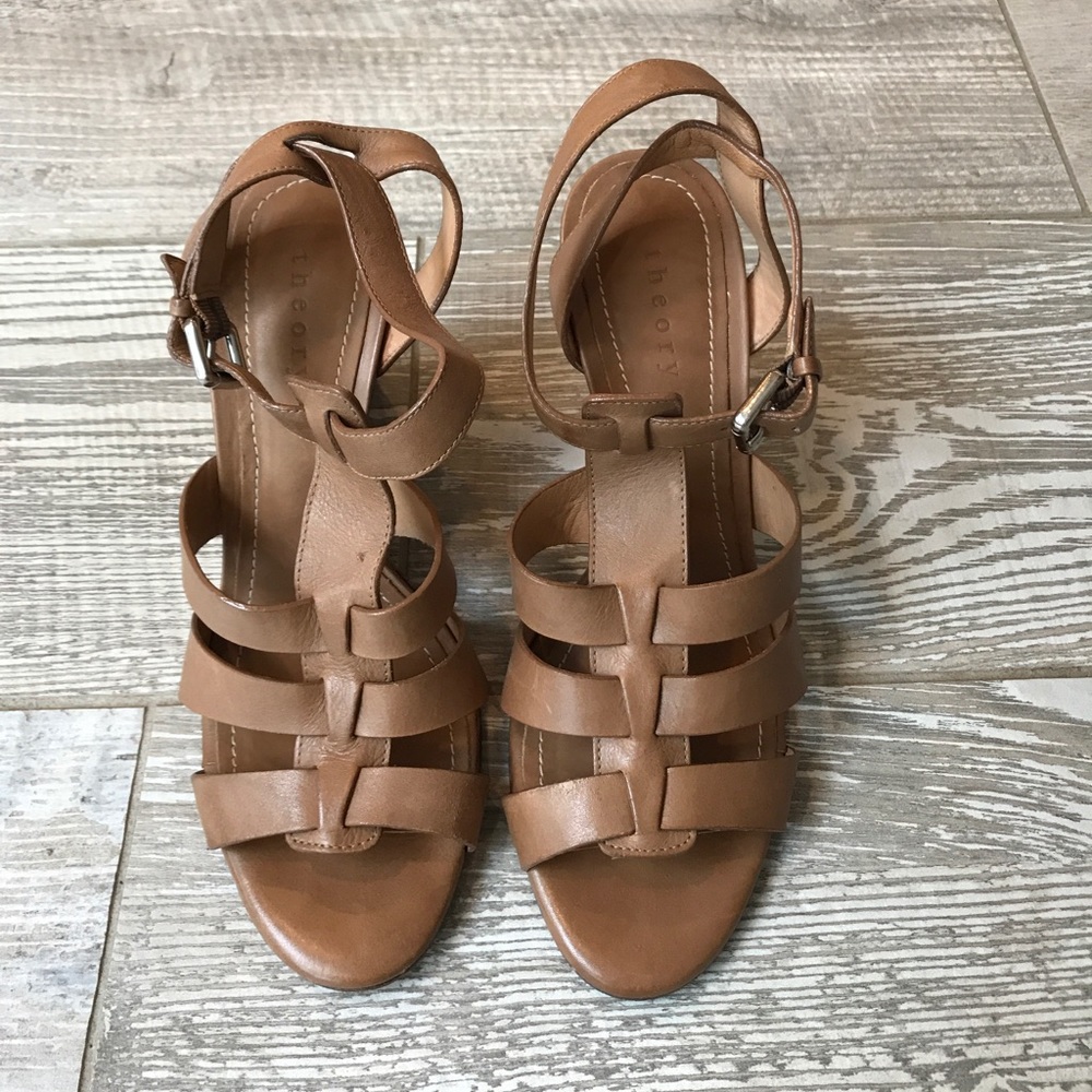 Theory leather strap wedge in nude