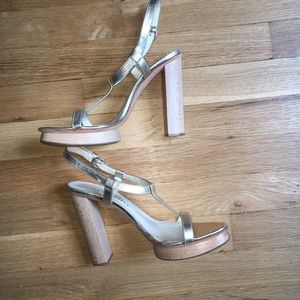 Bettye Muller gold t-strap platform heels size 8