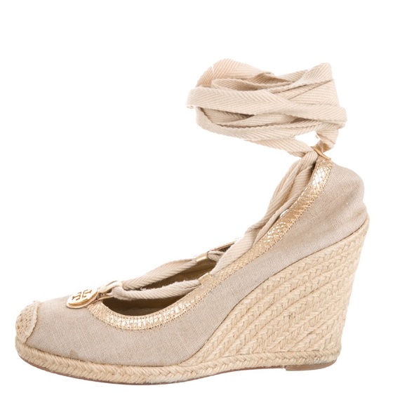 Tory Burch Logo Espadrilles Wedges Sz 9.5 - Picture 1 of 5