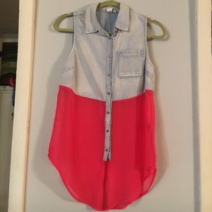 Light denim & sheer sleeveless button down