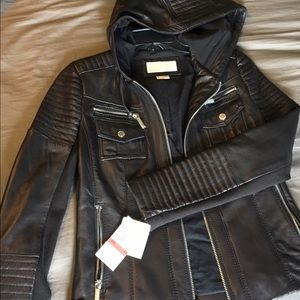 Micheal Kors hooded black leather jacket