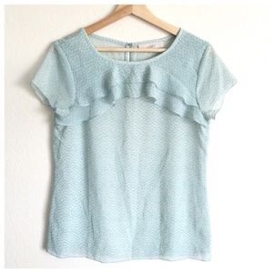LOFT Mint Blue Polka Dot Ruffle Cap Sleeve Blouse