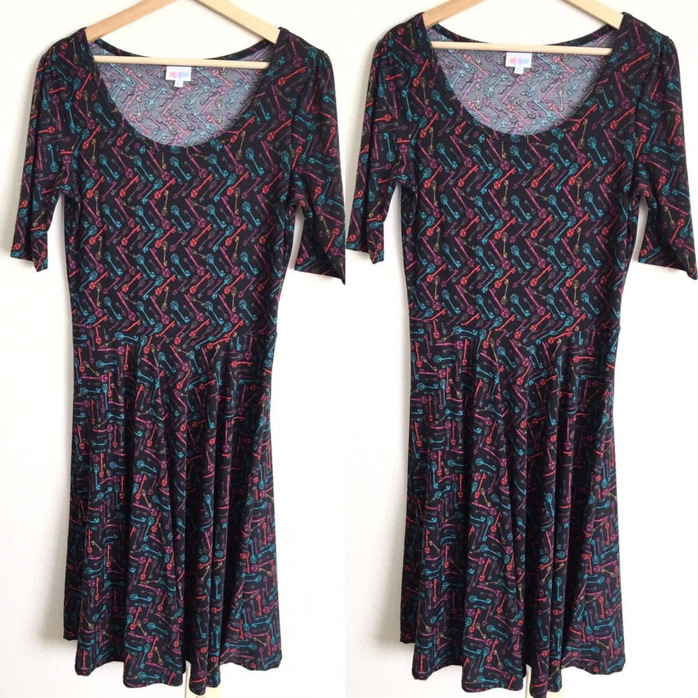 LuLaRoe Black Multicolor Key Print Flared Dress