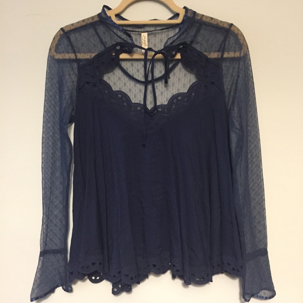 Free People Navy Embroidered Lace Bell Sleeves Top