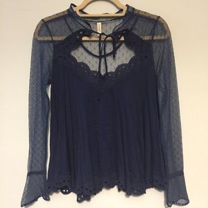 Free People Navy Embroidered Lace Bell Sleeves Top