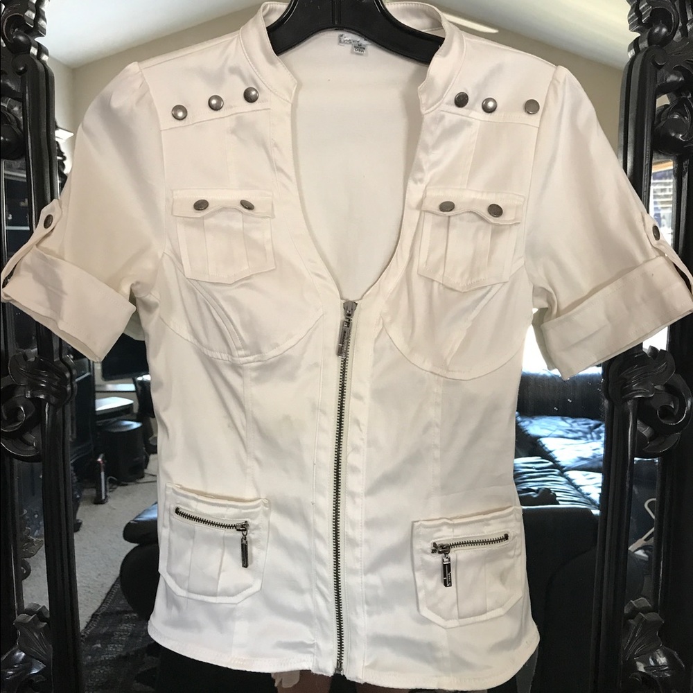 White Satin zip-up blouse size Medium