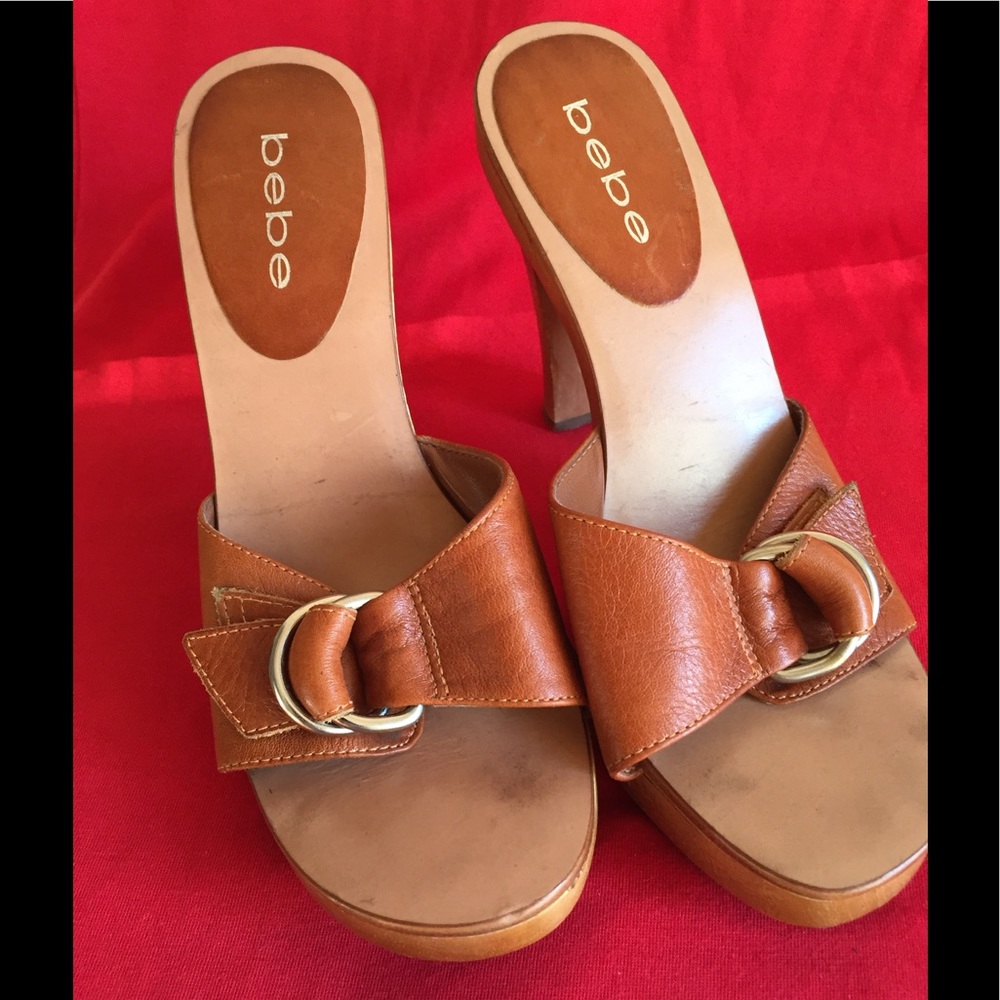Bebe Womens Tan Buckle Slides Wood High Heels