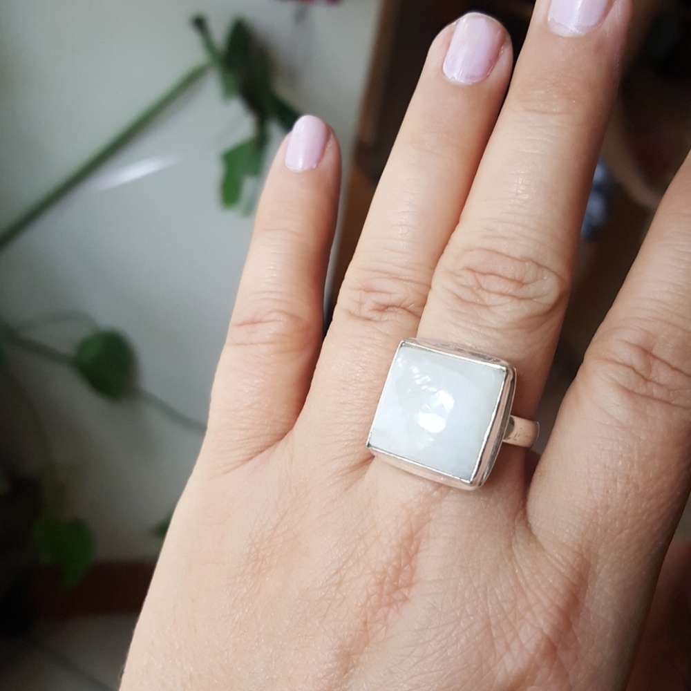 Square natural crystal moonstone silver boho ring